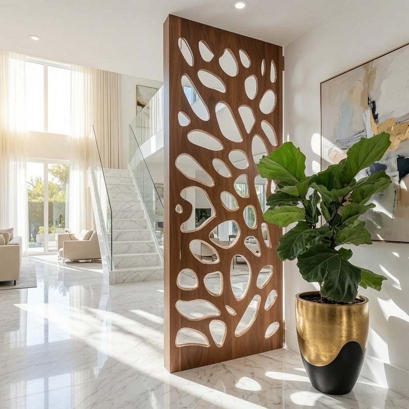 Contemporary sculptural room divider in solid wood