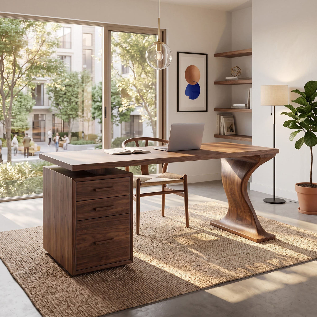 Organic solid wood executive desk displayed in a minimalist study