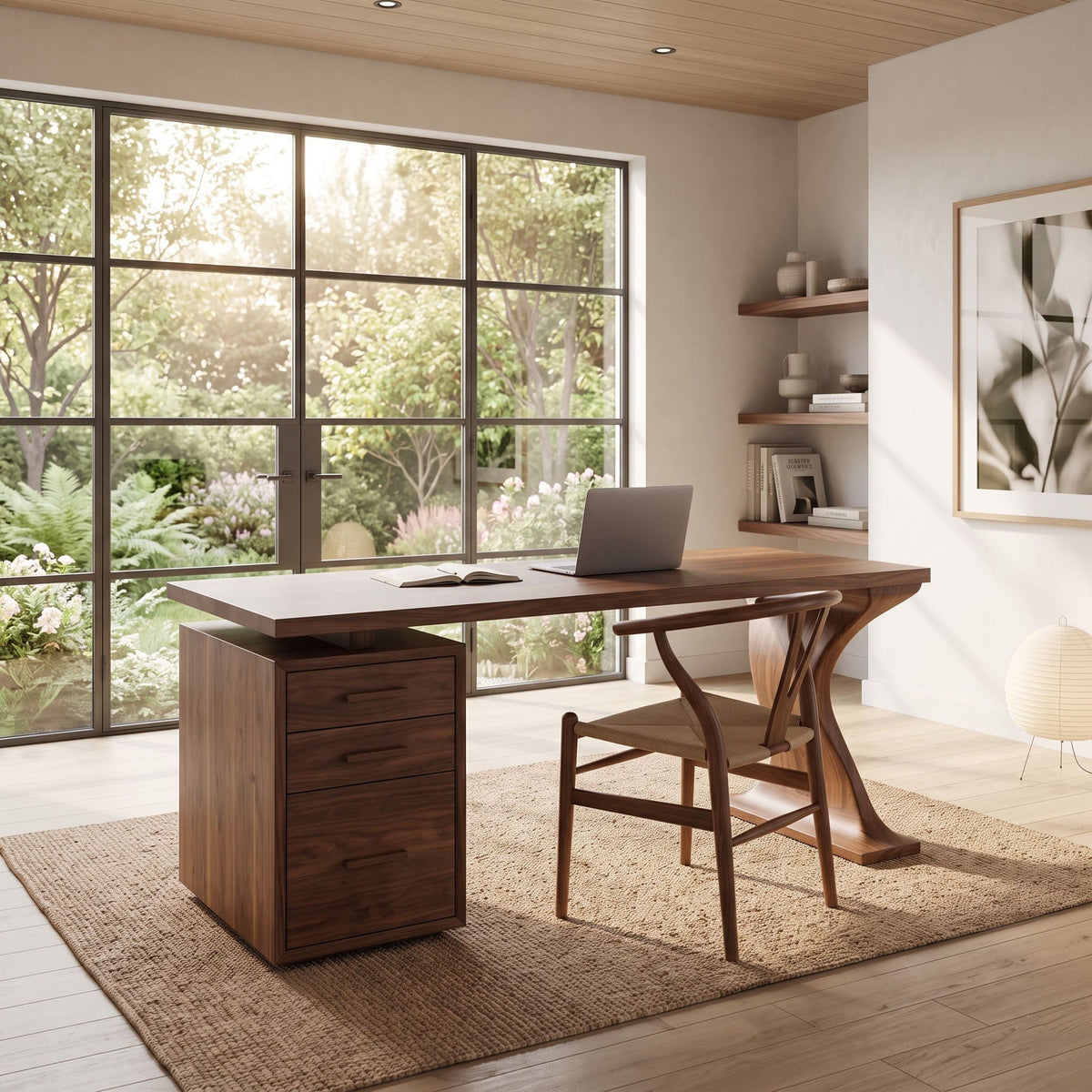Asymmetric solid wood workstation enhancing a contemporary office interior