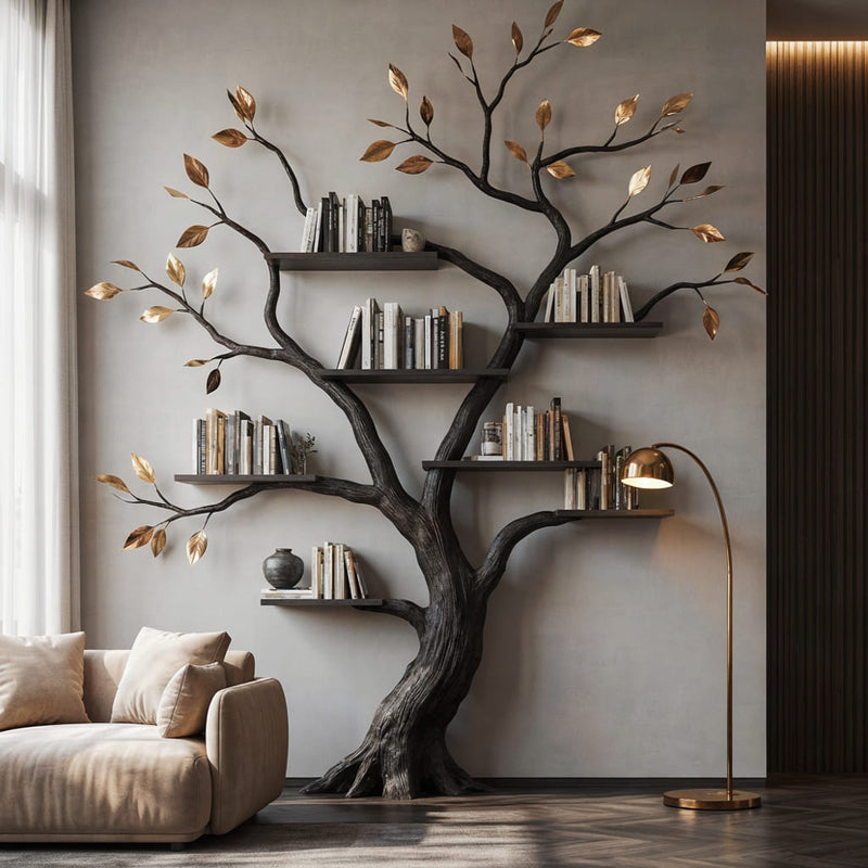 Authentic Hand-Carved Solid Wood Tree Bookshelf - Sculptural Wall Library