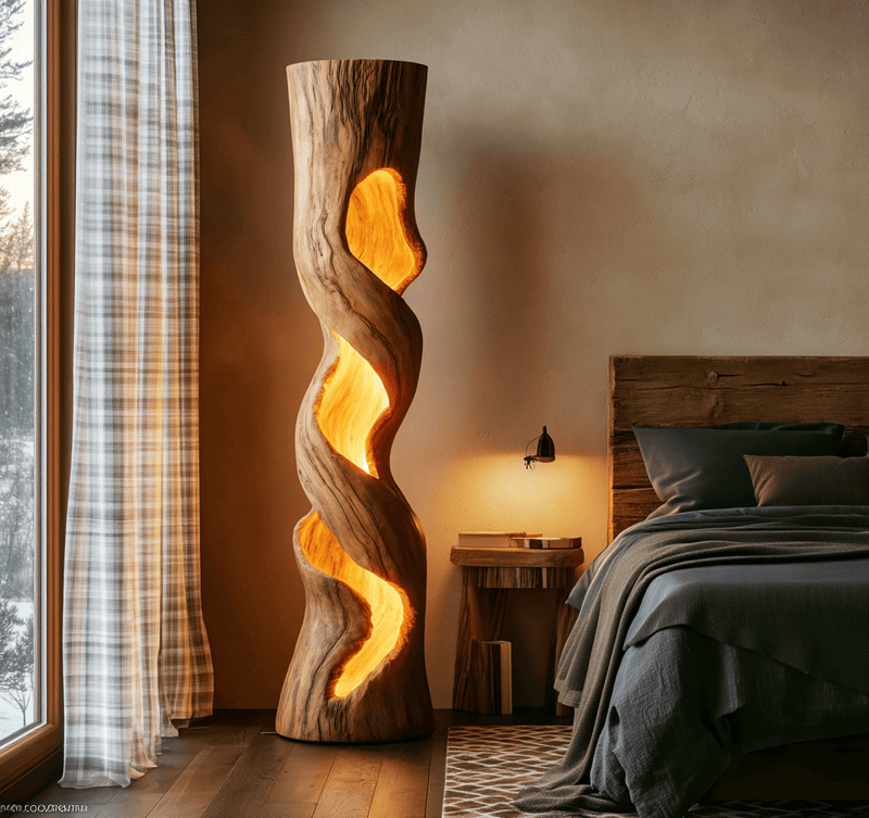 Authentic hand-carved twisted floor lamp in solid wood