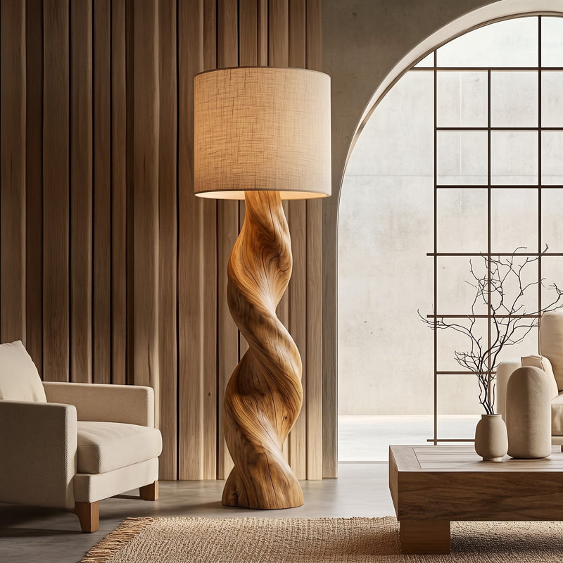 Authentic hand-carved twisted floor lamp in solid wood