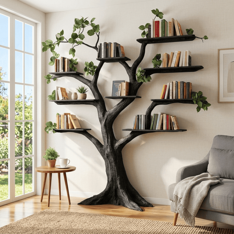 Biophilic sculptural tree bookshelf in solid wood
