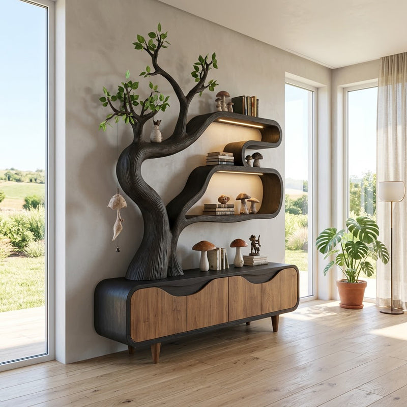 Biophilic tree bookshelf and storage credenza with lights in solid wood