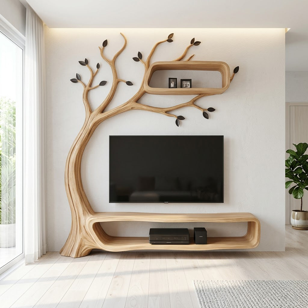 Biophilic Tree Media Console and Floating Wall Shelf Unit Sculpted from Solid Timber