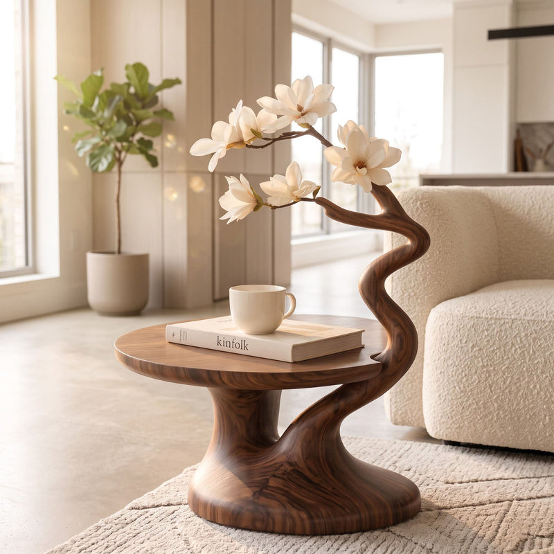 Blooming magnolia branch accent side table in solid wood