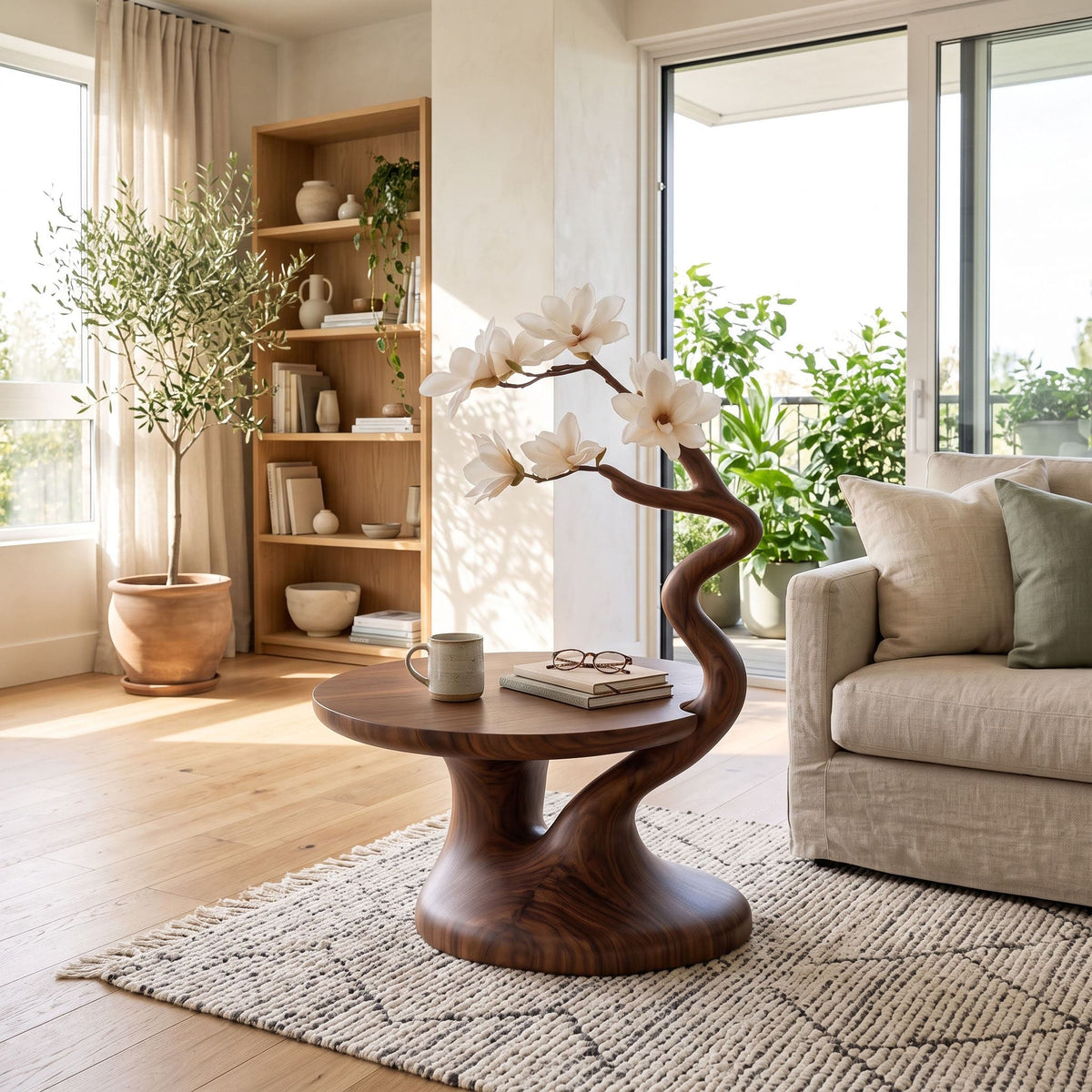 Organic solid wood side table enhancing a contemporary living space