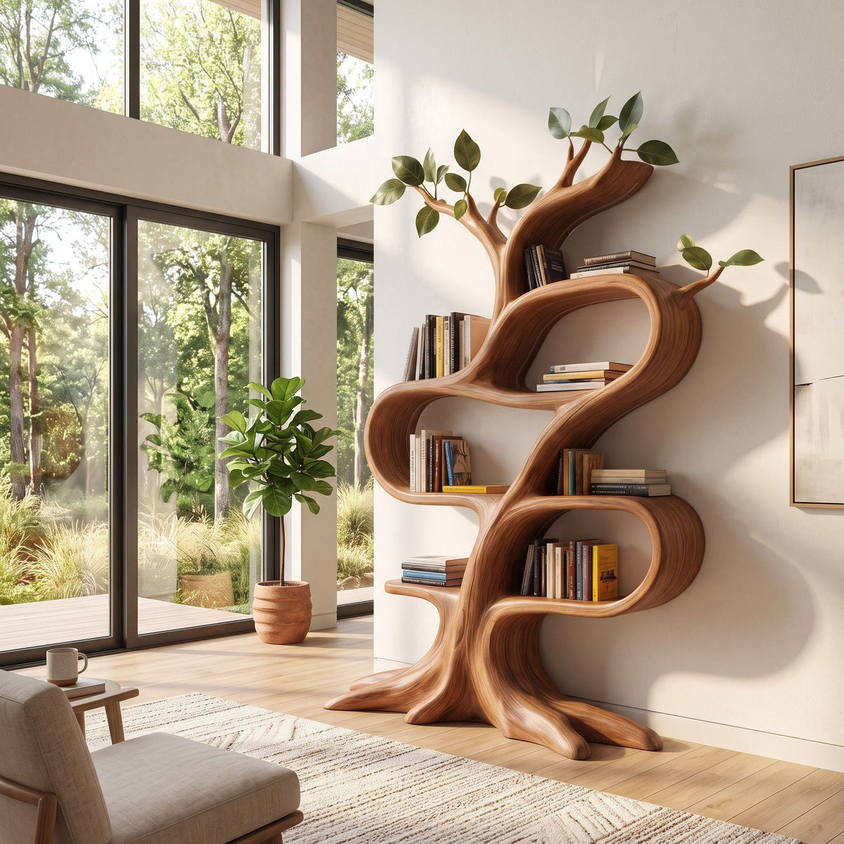 Carved solid wood freestanding bookcase with looped shelving in a modern reading nook