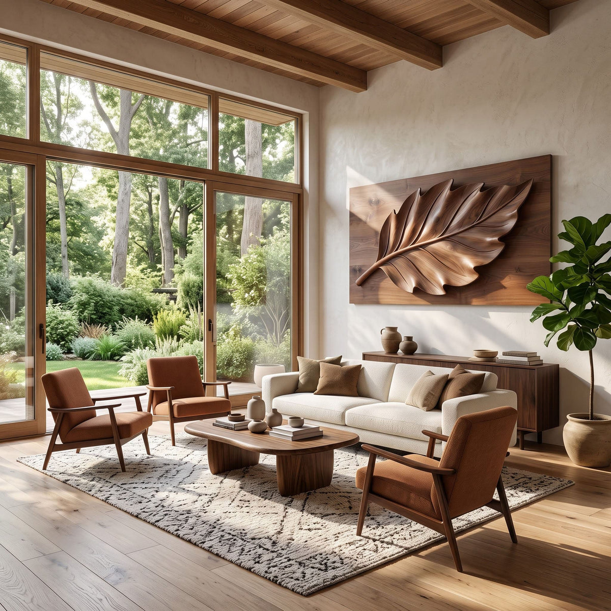 Architectural timber relief artwork mounted on an elegant living room wall