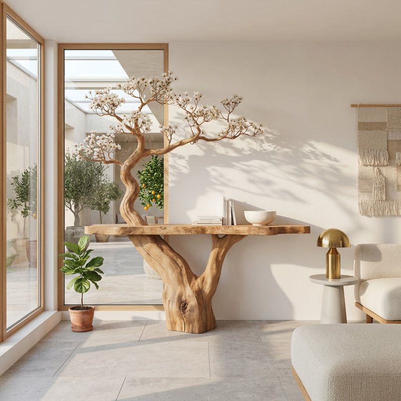 Botanical live-edge console table in solid wood