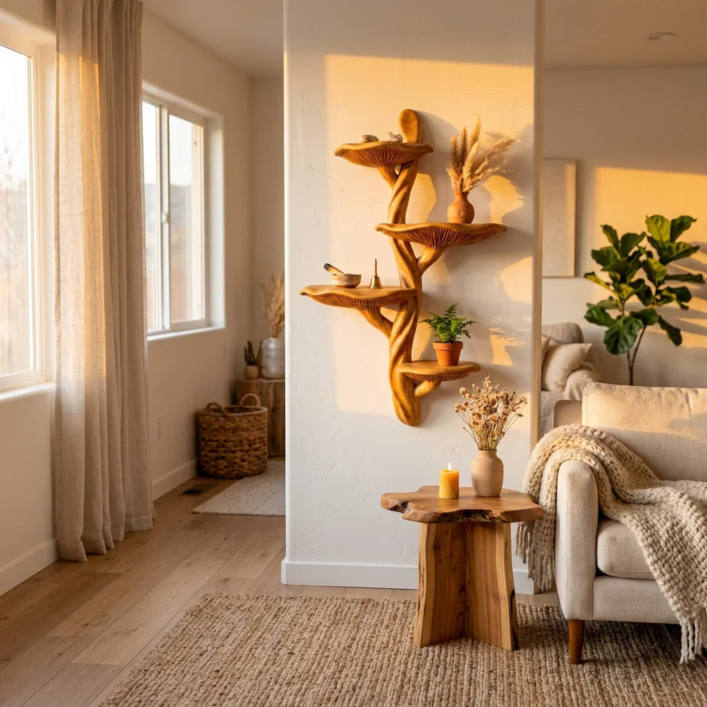 Braided Trunk Mushroom Wall Shelf with 4 Wavy Rim Platforms - Handcrafted Solid Wood Sculptural Floating Shelf with Intertwined Double Stem - Ashdeco 2026