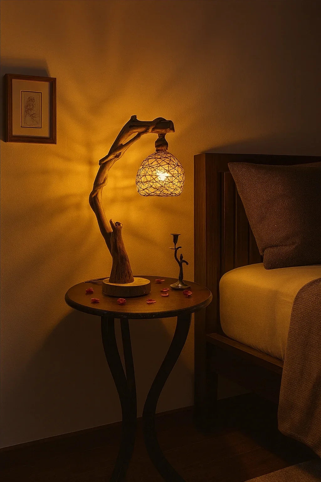 Handcrafted wooden bedside lamp with woven shade on round table, next to bed