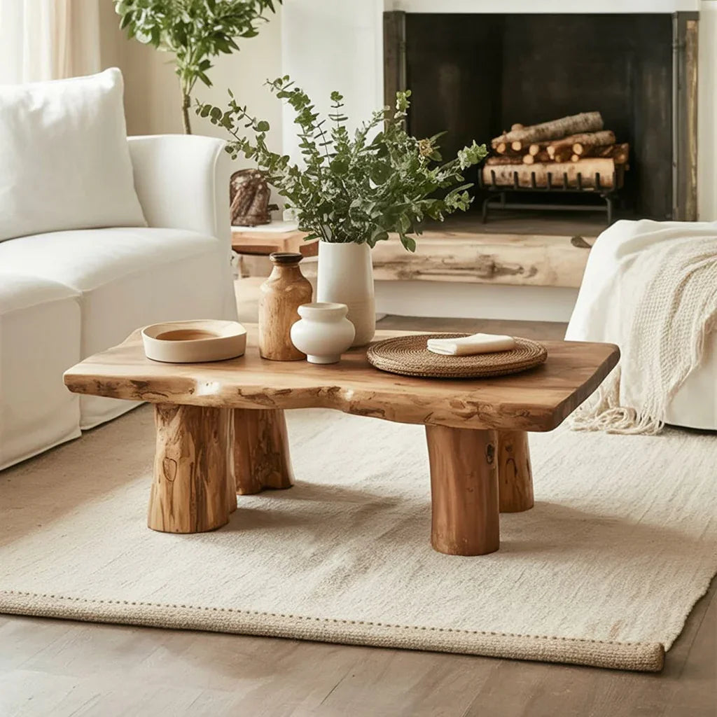 Live edge solid wood coffee table with natural finish in cozy living room setting