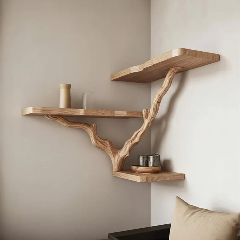 Corner tree bookshelf frequently asked questions with illustrated answers. Solid wood tree branch wall shelf with live edge design in modern living room