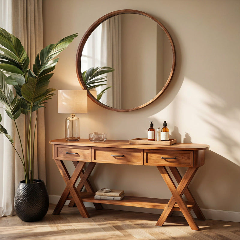 Crisscross X-trestle console table in solid wood