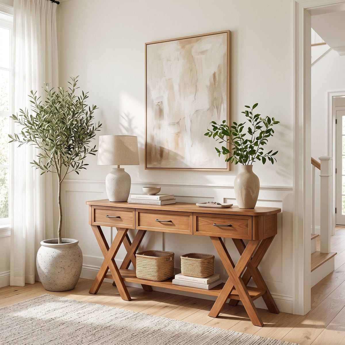Sculptural solid wood X-base console displayed in a minimalist interior