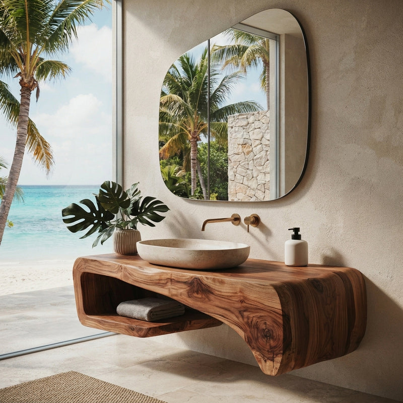 Sculptural wall mounted washstand in solid wood