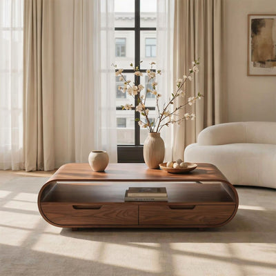 Curved Solid Wood Living Room Table with Drawers & Shelf