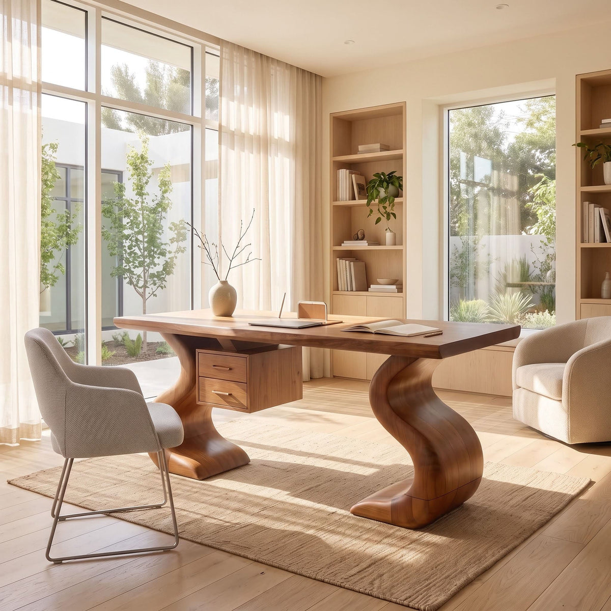 Solid wood writing desk with suspended drawers styled in a modern workspace