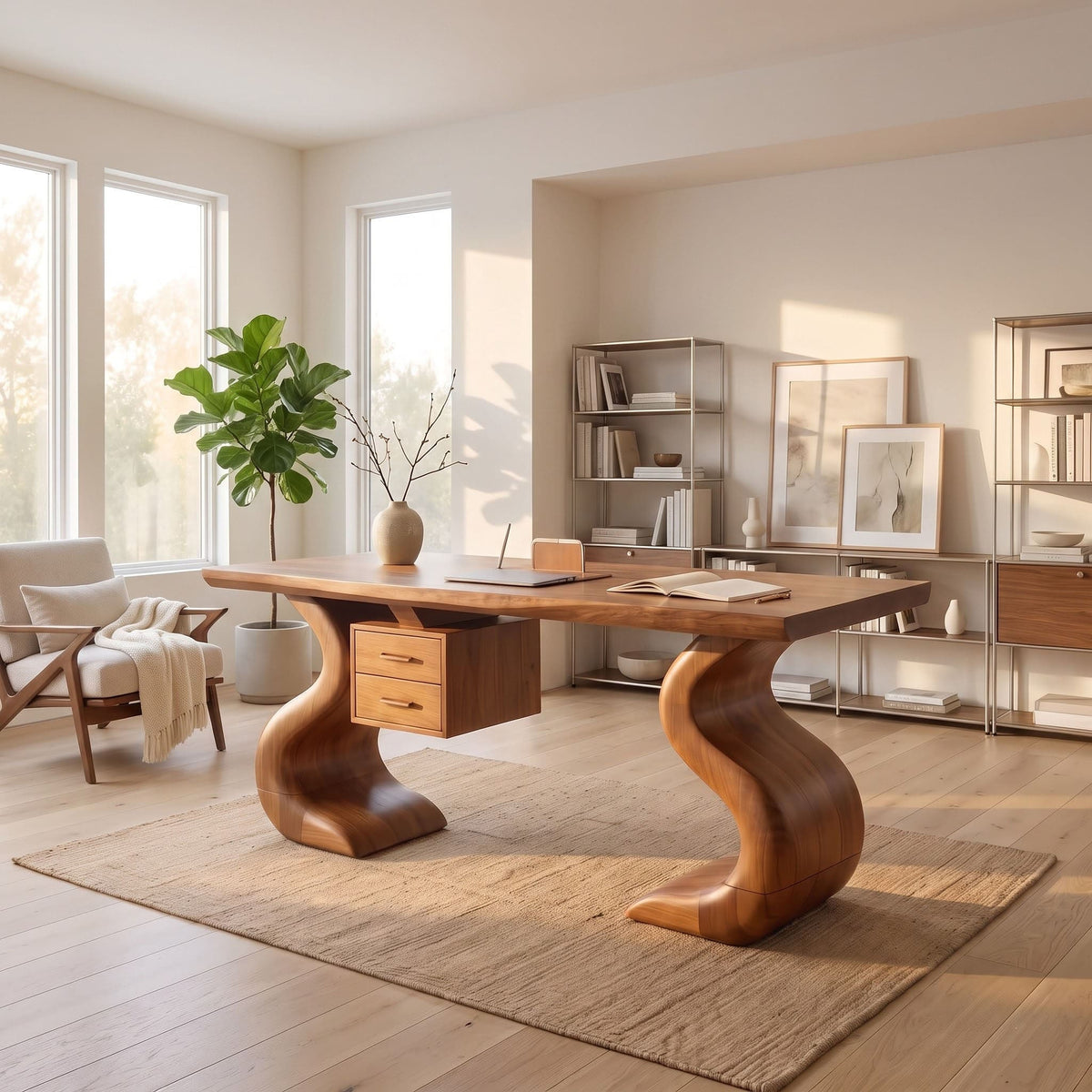 Sculptural solid wood S-curve desk displayed in a minimalist study