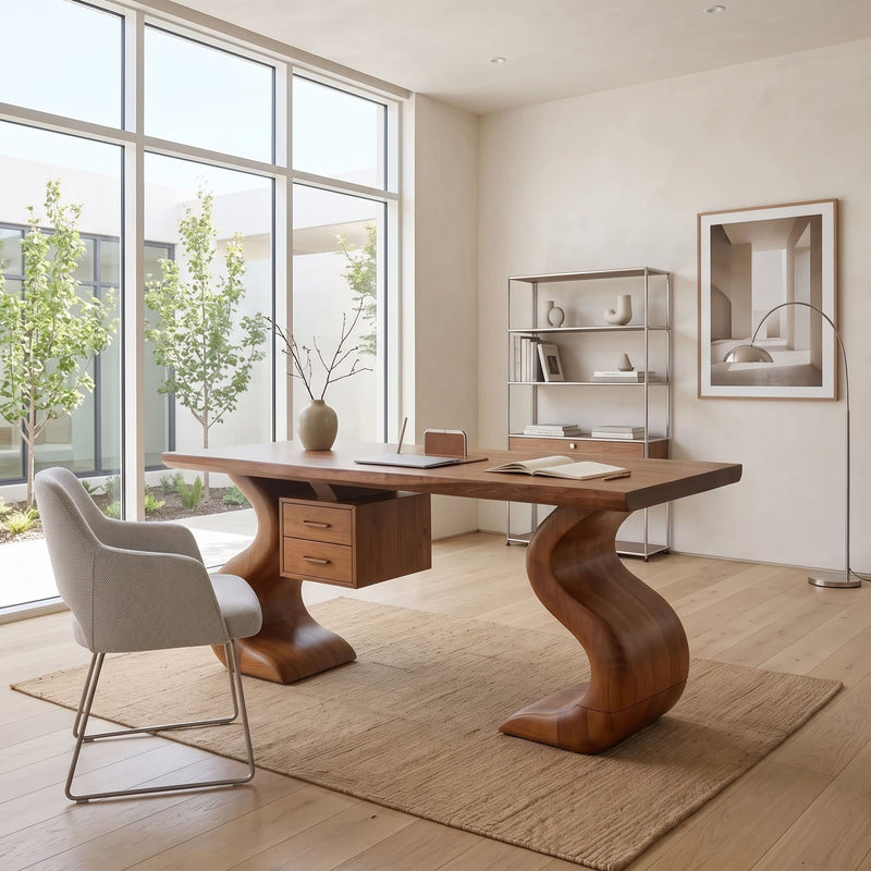 Dual S-curve pedestal writing desk in solid wood