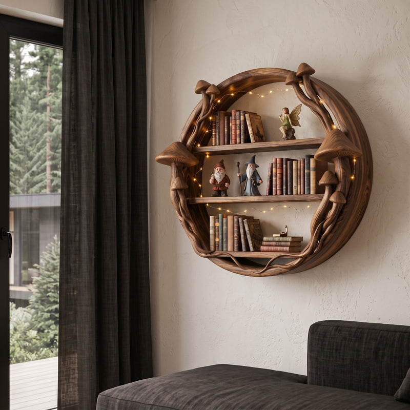 Enchanted forest circular wall shelf with mushroom portal in solid wood