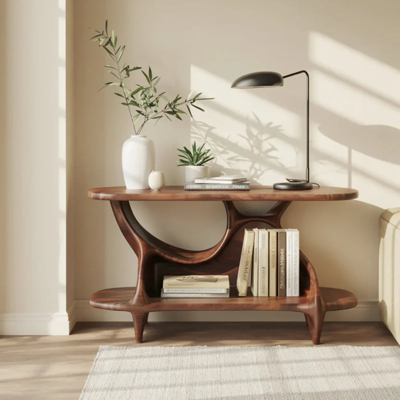 Minimalist wooden bridge shelf for reading nook decor