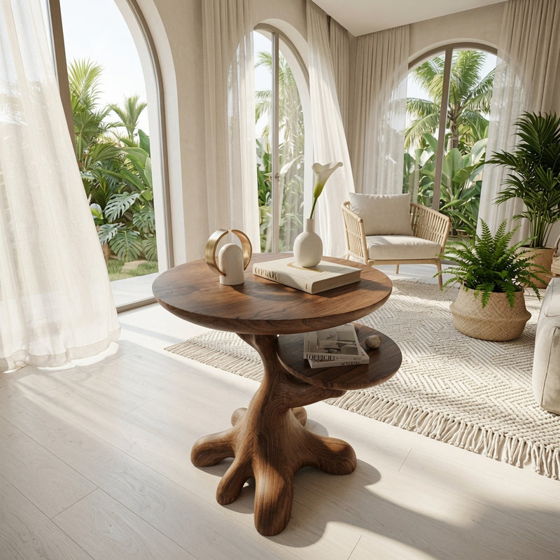 Farmhouse wooden accent table in natural hardwood
