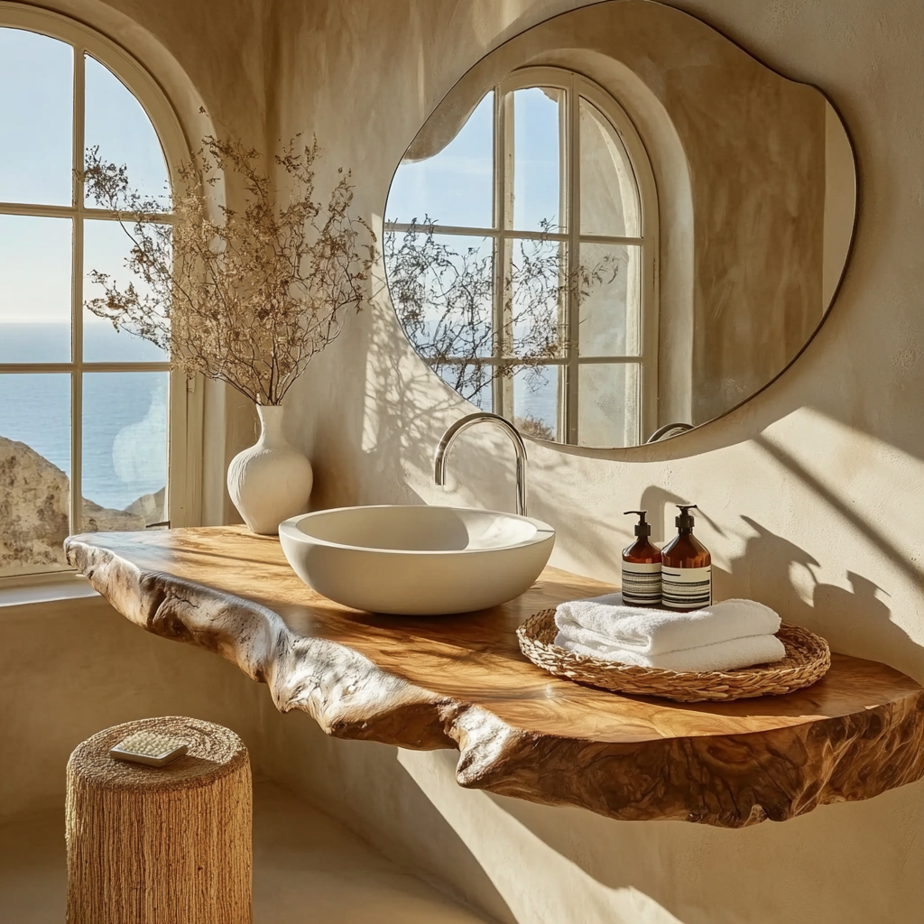 Floating live edge solid wood bathroom vanity