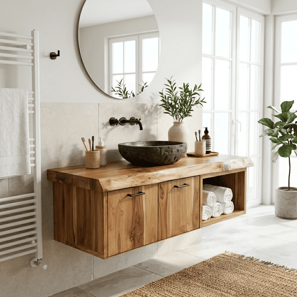 Organic solid wood floating vanity displayed in a minimalist bathroom