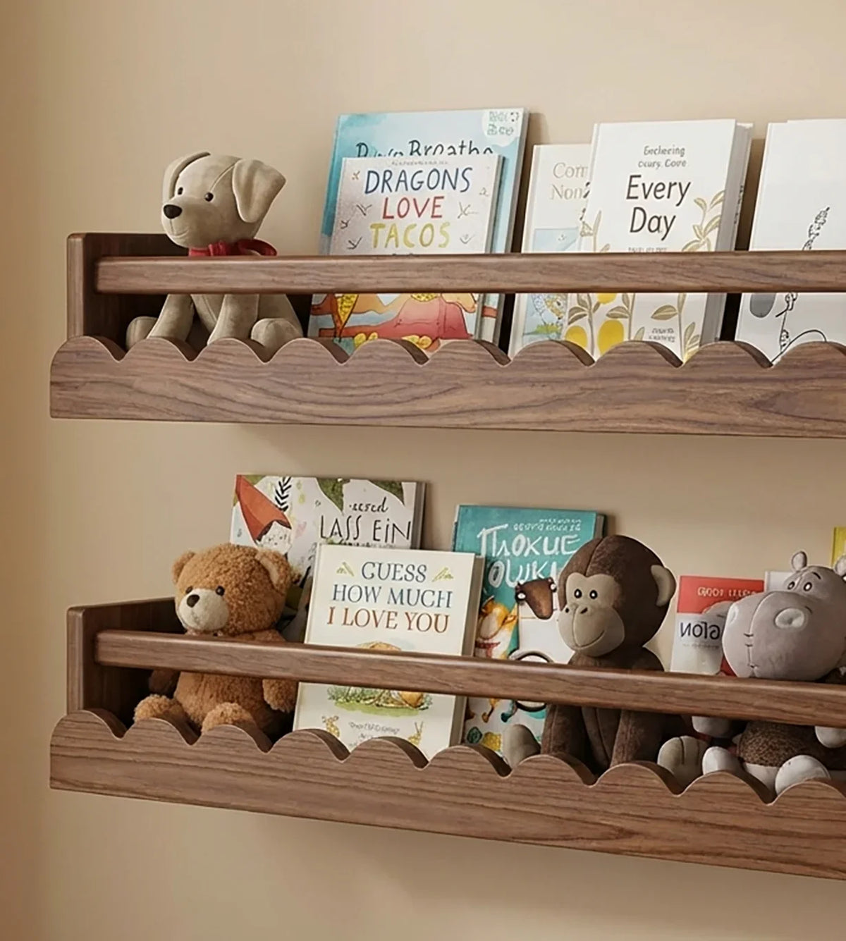 live edge nursery shelves made from solid wood with books and toys displayed in kids room