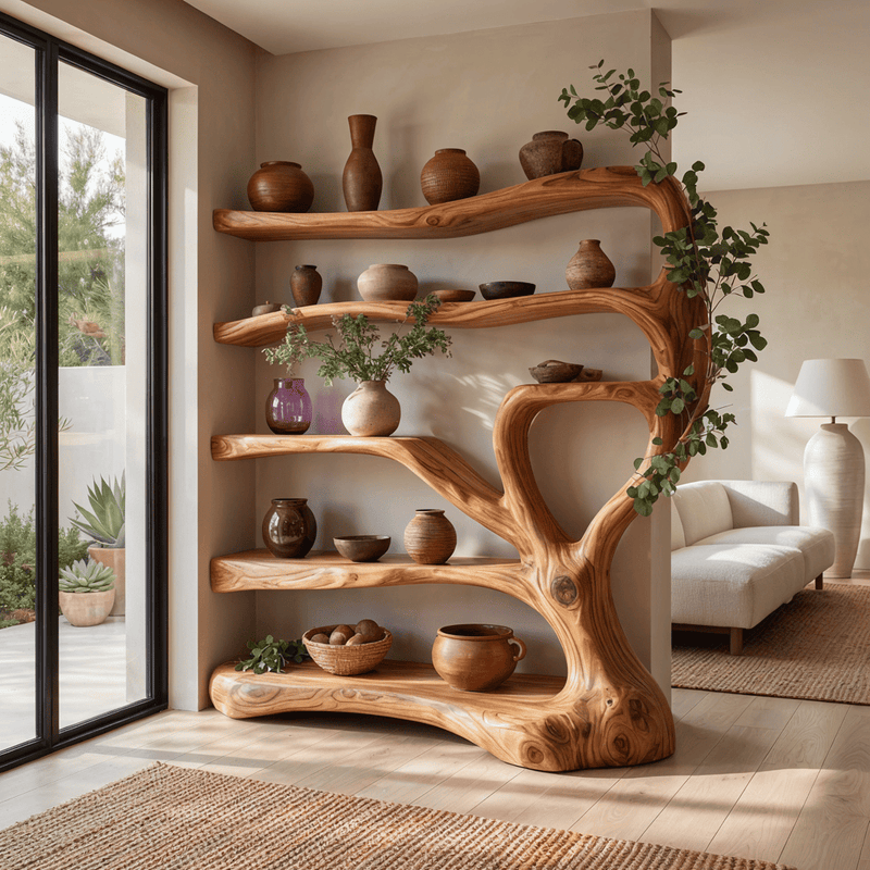 Freestanding organic display shelf and room divider in solid wood