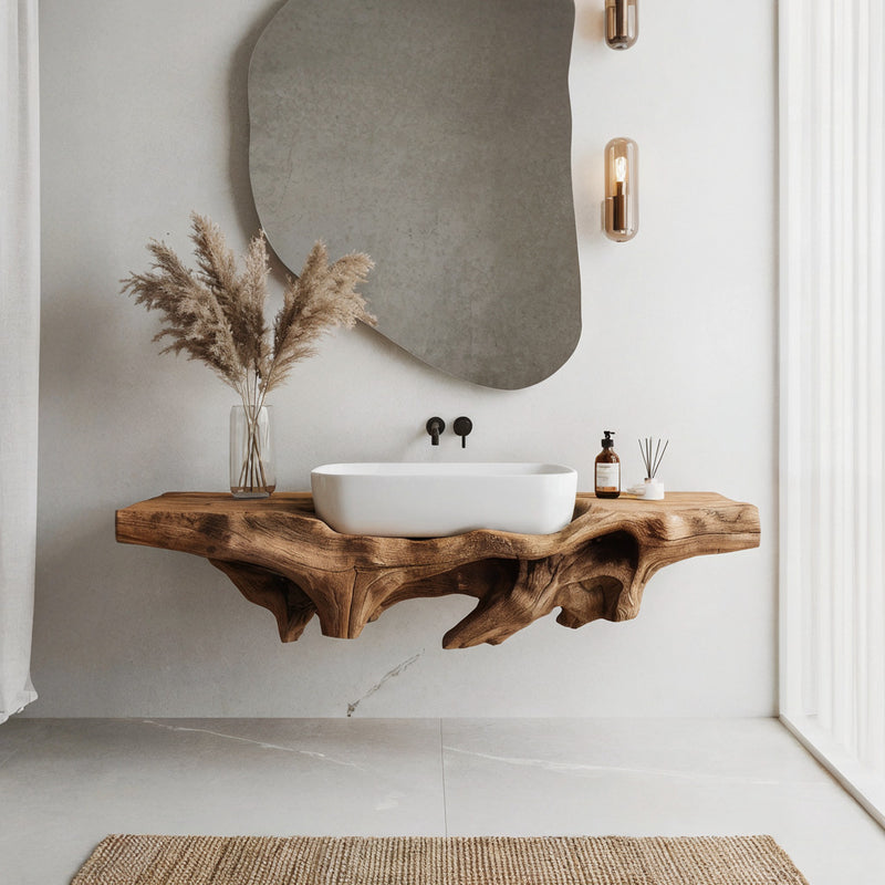 Hand-carved sculptural solid wood floating vanity