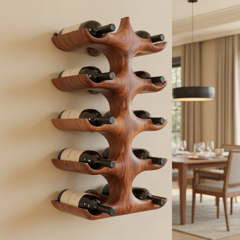Hand-carved sculptural wall mounted wine rack in solid wood