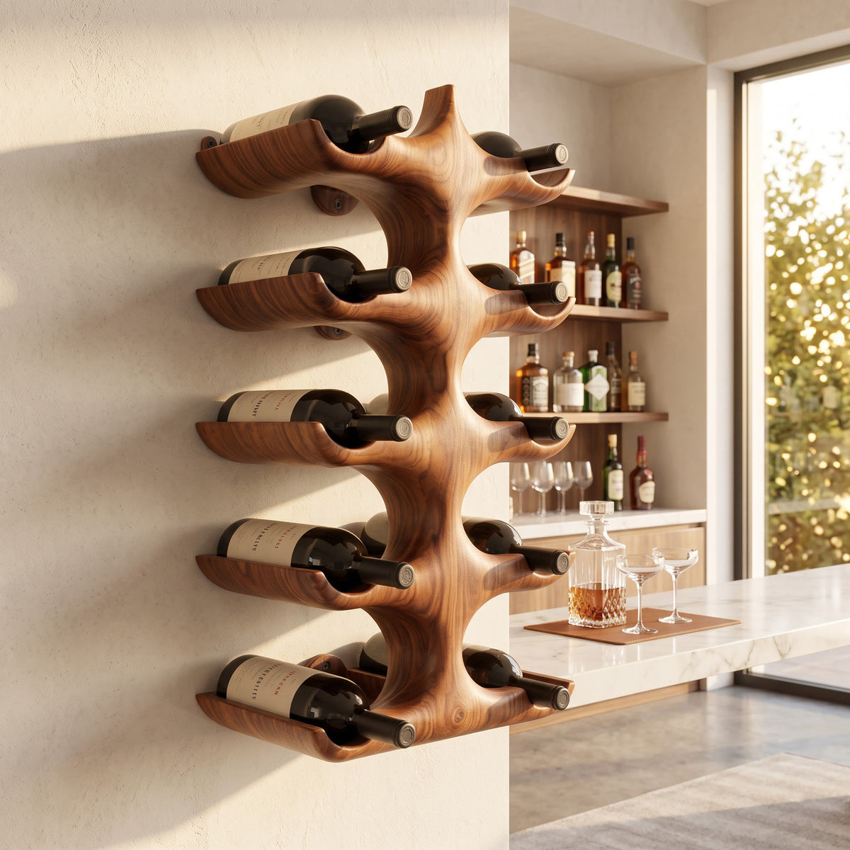 Organic solid wood minimalist bottle display styled in a modern home bar