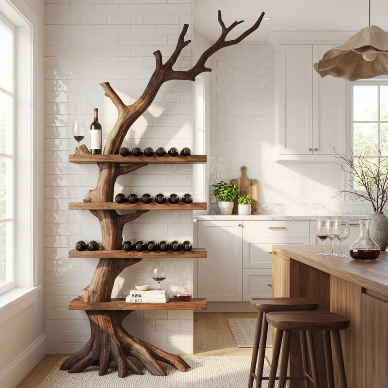 Sculptural wooden wine rack crafted from solid wood