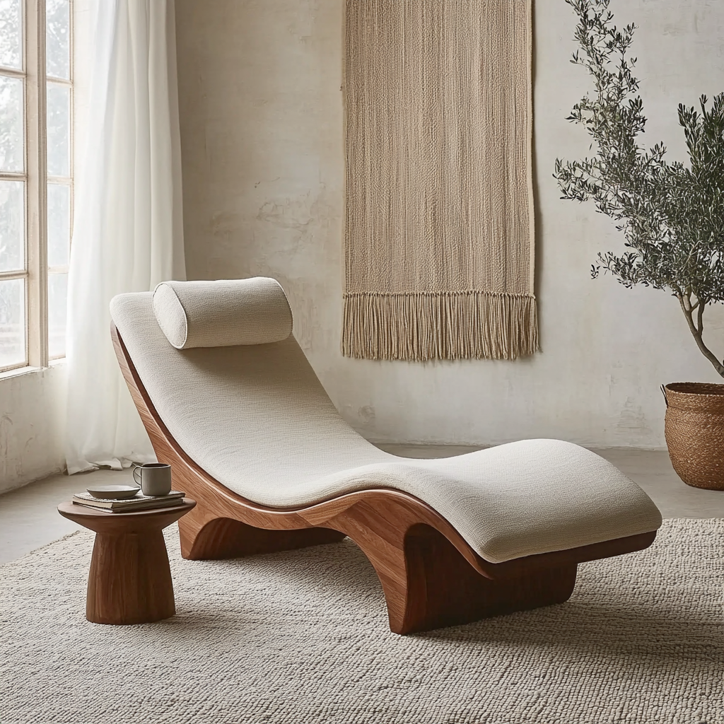 Wooden daybed with curved silhouette for cozy reading spaces