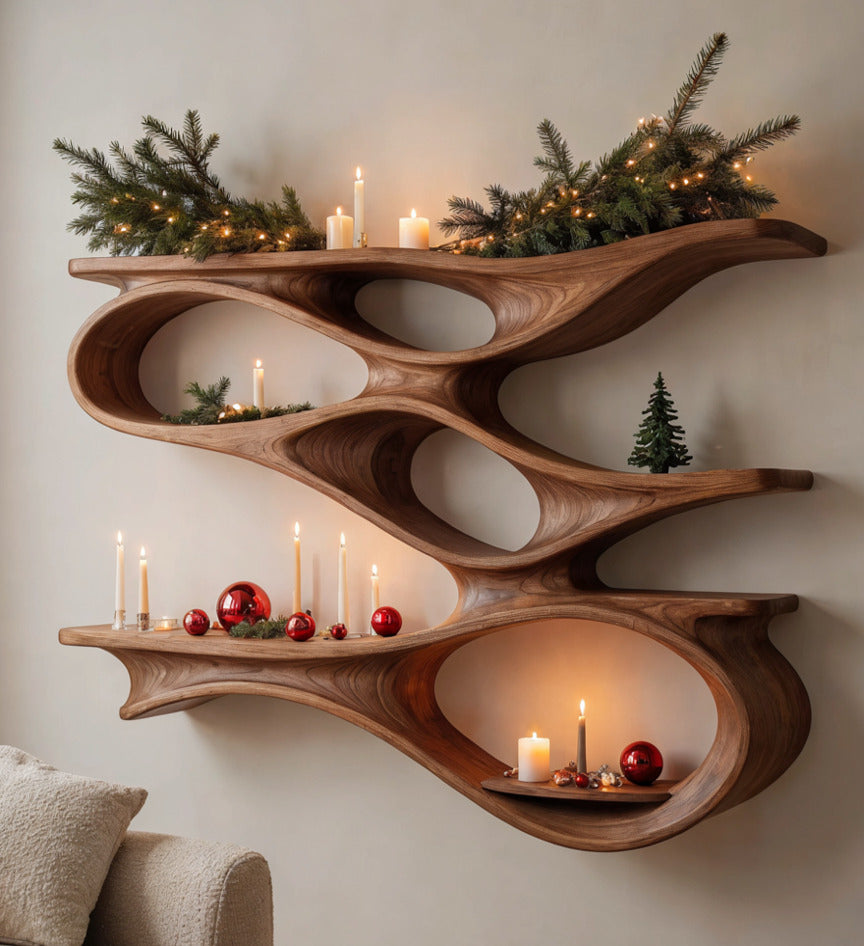 Sculptural curved floating shelf crafted from solid wood