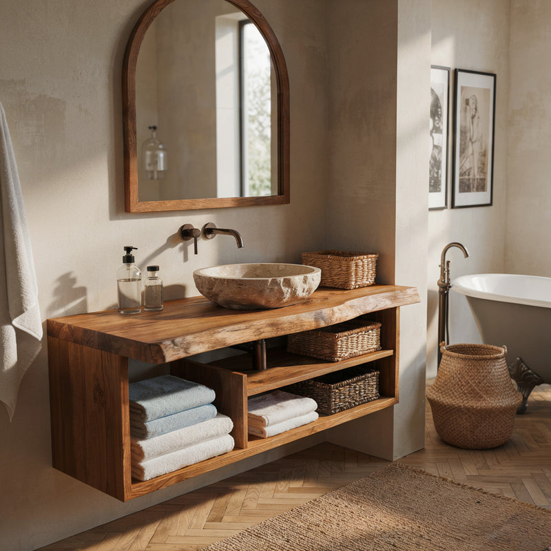 Handcrafted rustic bathroom shelf made from solid wood