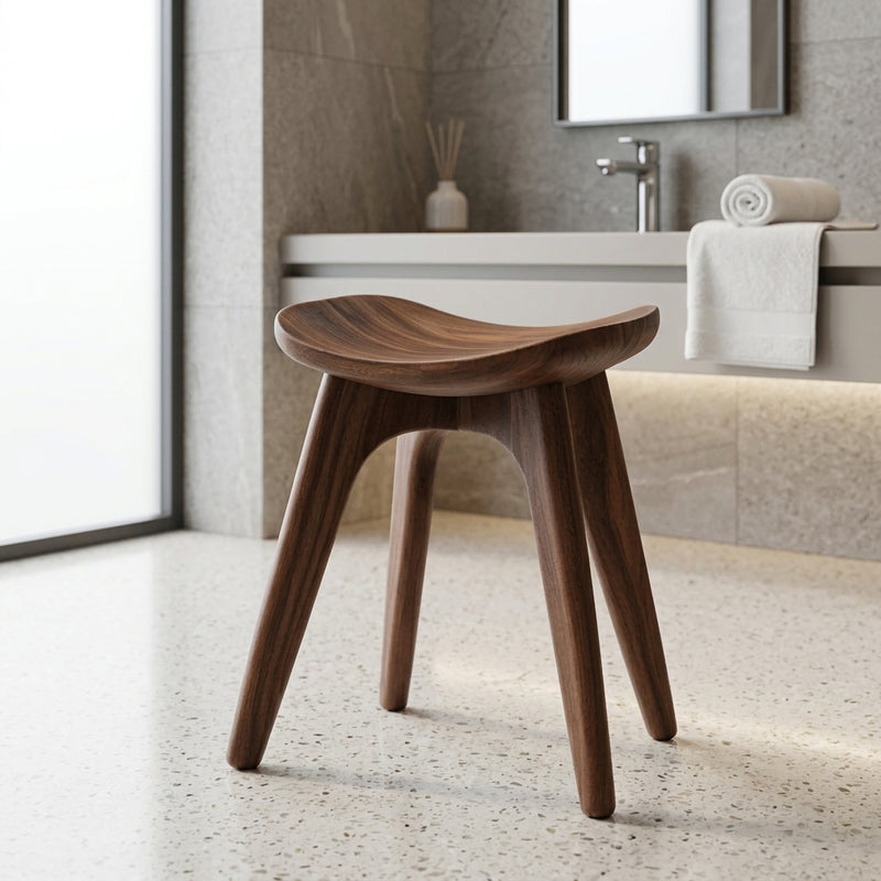 Handcrafted sculptural shower stool crafted from premium solid wood in Japandi style