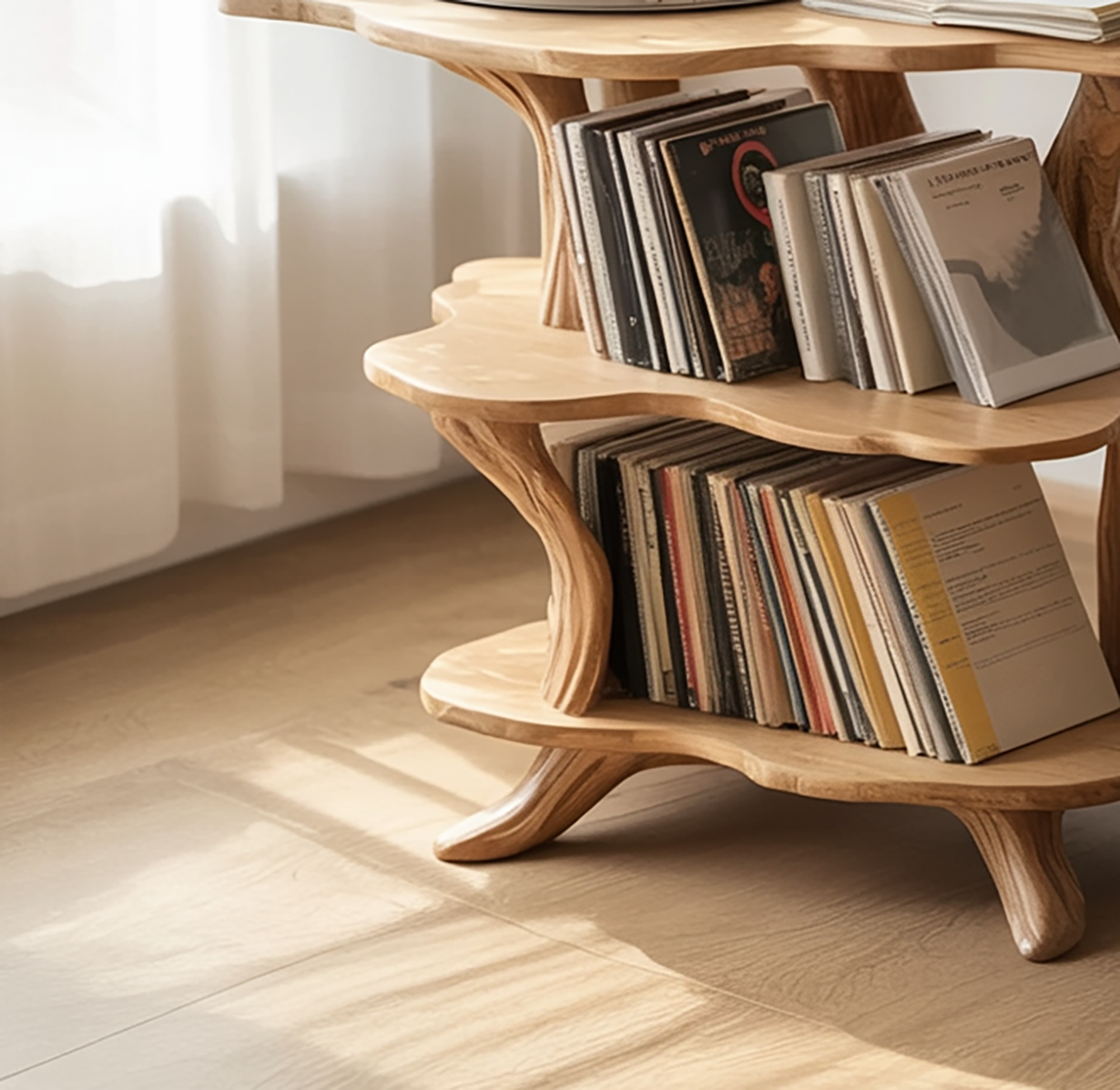 Wooden record player stand with curved organic wave design
