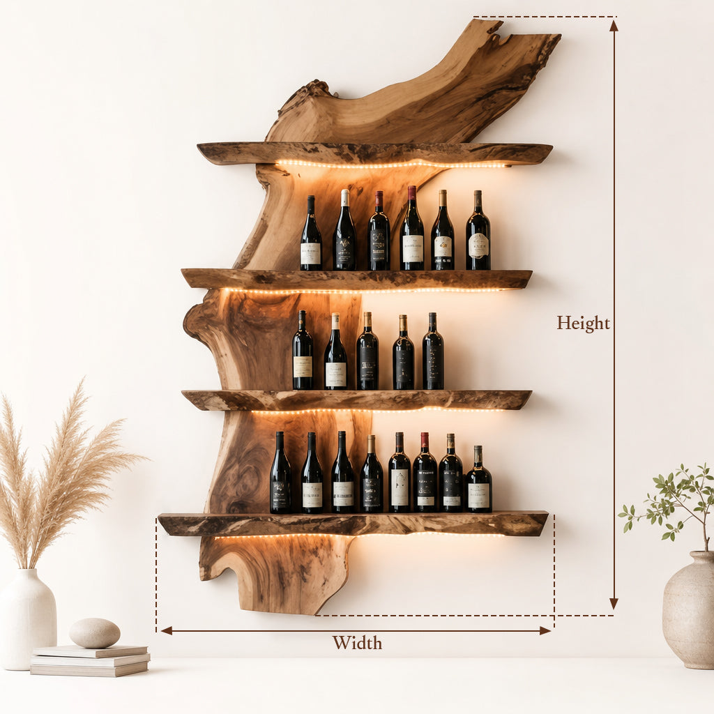 Handcrafted Live Edge Bar Shelf – Wooden Wall Bar, Rustic Floating Shelves for Home Bar Decor
