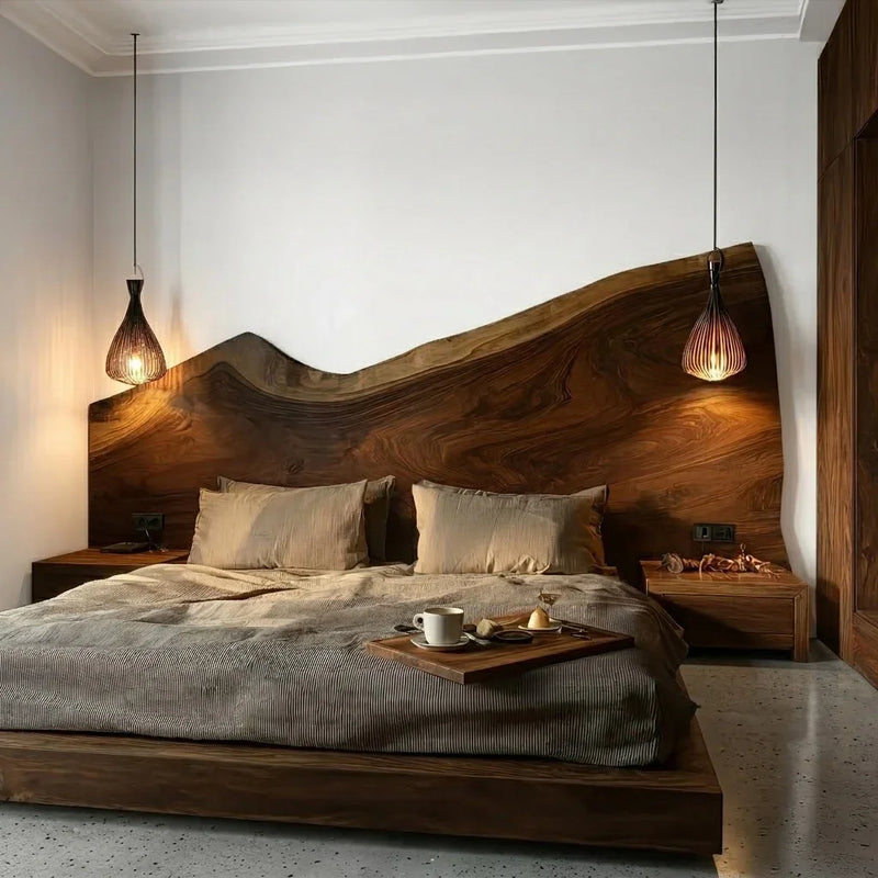 Modern live edge wooden headboard with sculptural design