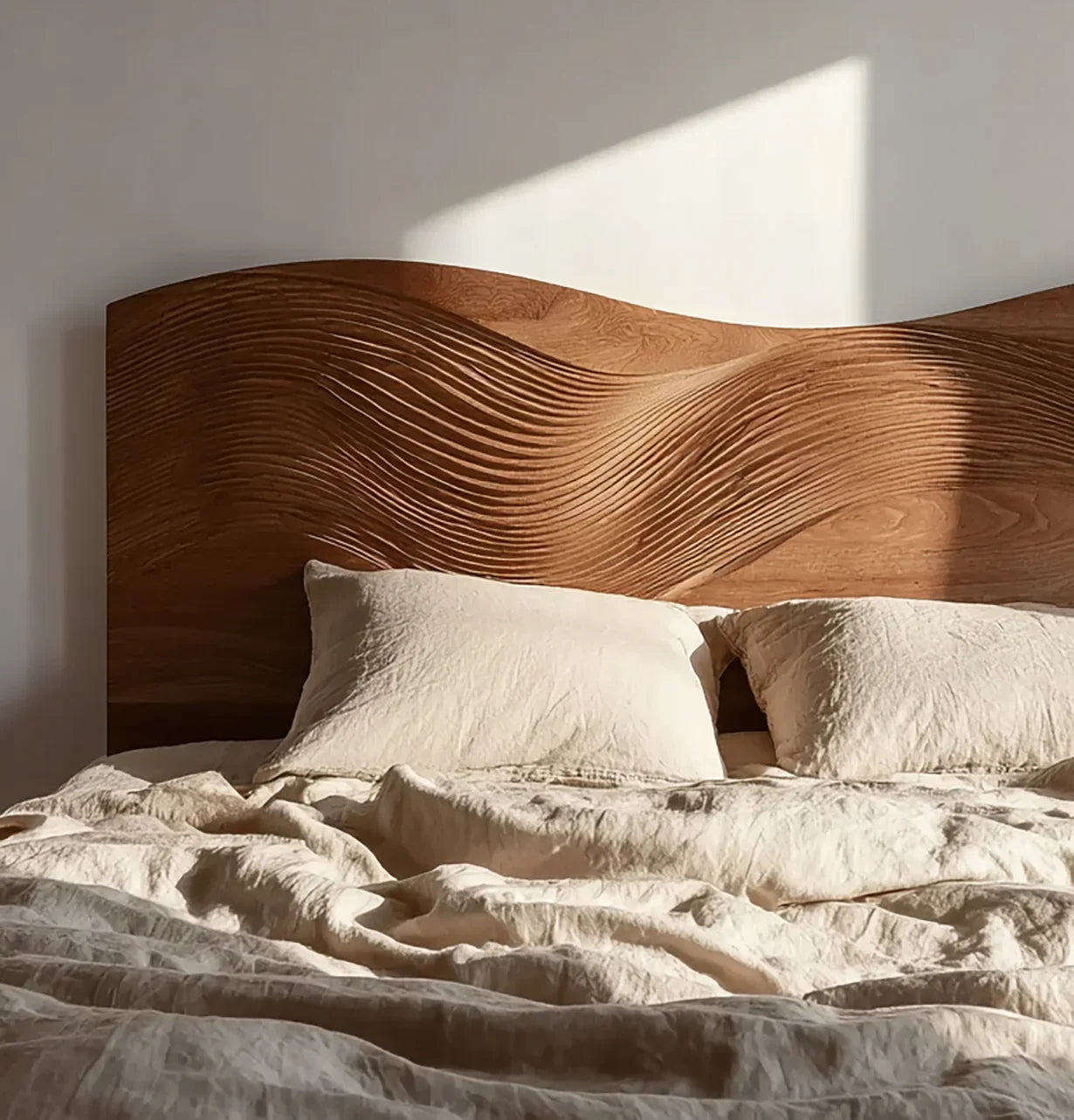 Wooden sculptural headboard with artistic design