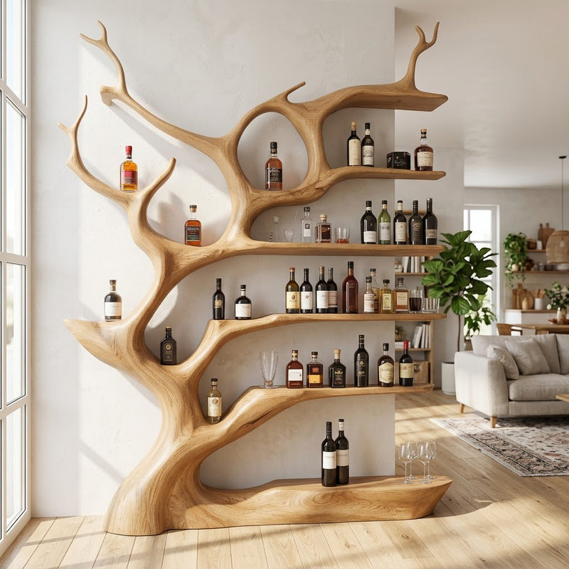 Hollow portal branching canopy wine display shelf in solid wood