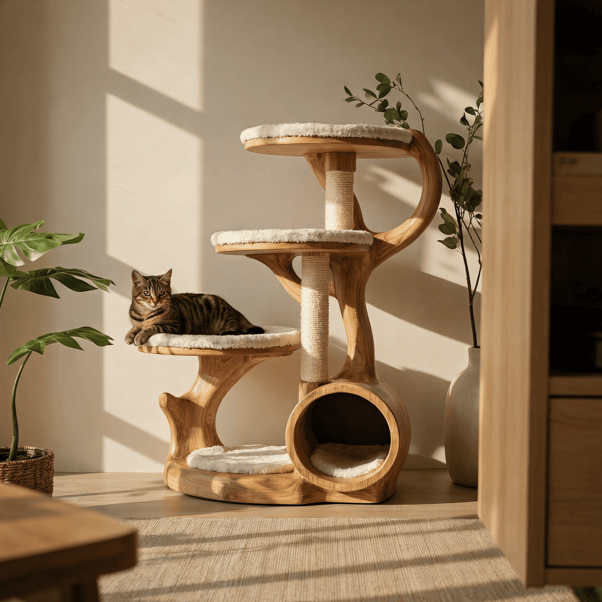 Hollow tunnel cave cat tree in sculpted solid wood