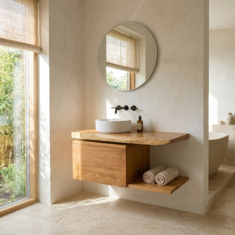 Live Edge Floating Vanity – Solid Wood Bathroom Sink Cabinet with Storage Drawer