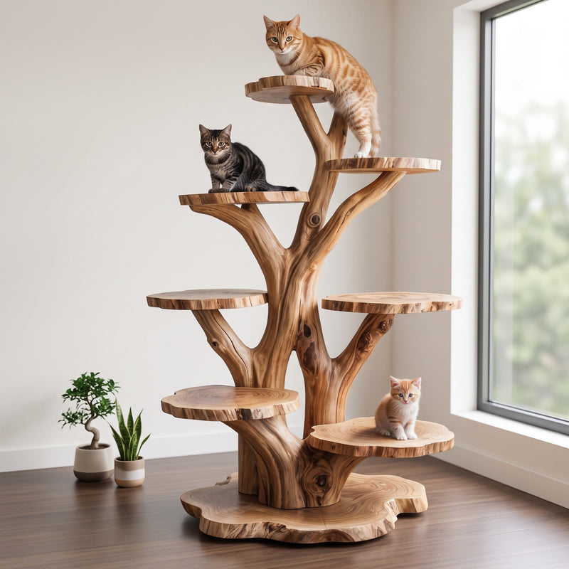 Live edge slice tiered cat tree in solid wood