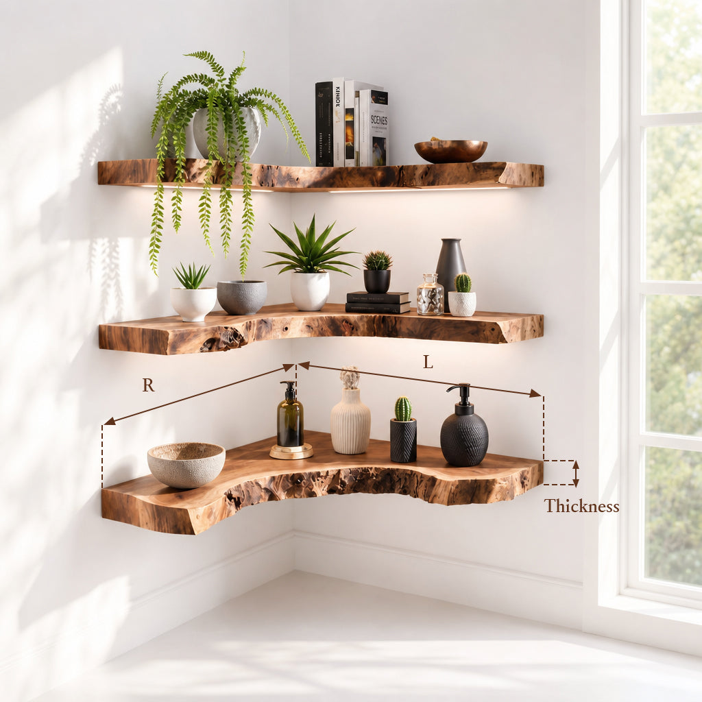 Live Edge Corner Floating Shelves – Handcrafted Solid Wood Wall Shelf