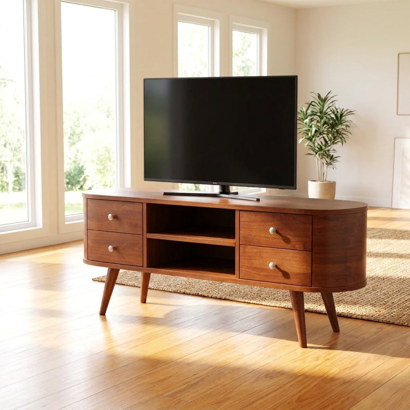 Curved entertainment console crafted from solid wood